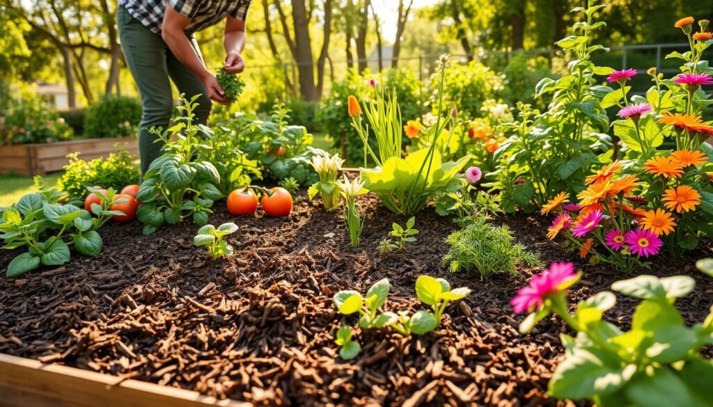 weeding and mulching raised garden bed