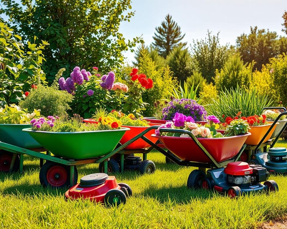 wheelbarrows and lawn mowers